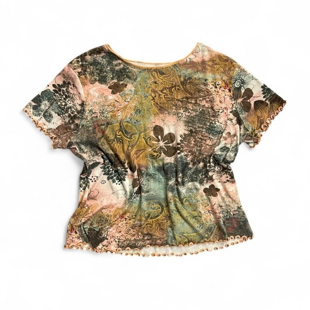Basic Editions Floral Top Womens Large Brown Green Vintage Y2K Fairy Grunge Knit